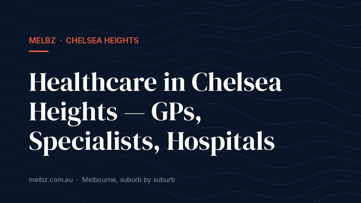 Title card: Healthcare in Chelsea Heights — GPs, Specialists, Hospitals