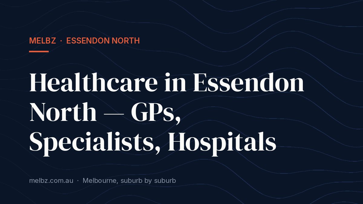 Title card: Healthcare in Essendon North — GPs, Specialists, Hospitals