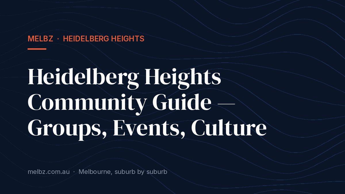 Title card: Heidelberg Heights Community Guide — Groups, Events, Culture