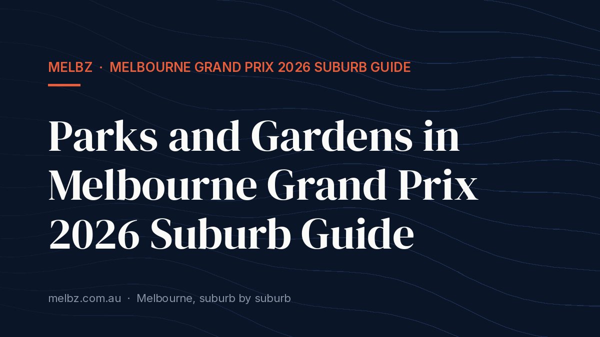 Title card: Parks and Gardens in Melbourne Grand Prix 2026 Suburb Guide