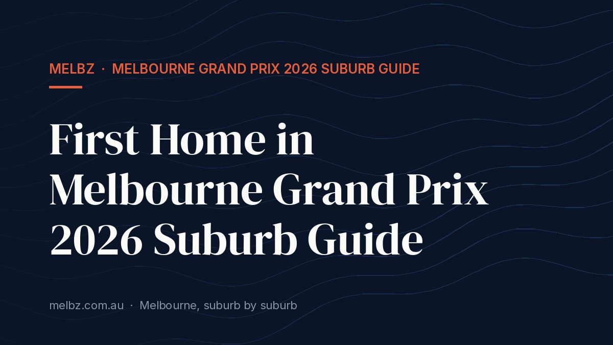 Title card: First Home in Melbourne Grand Prix 2026 Suburb Guide