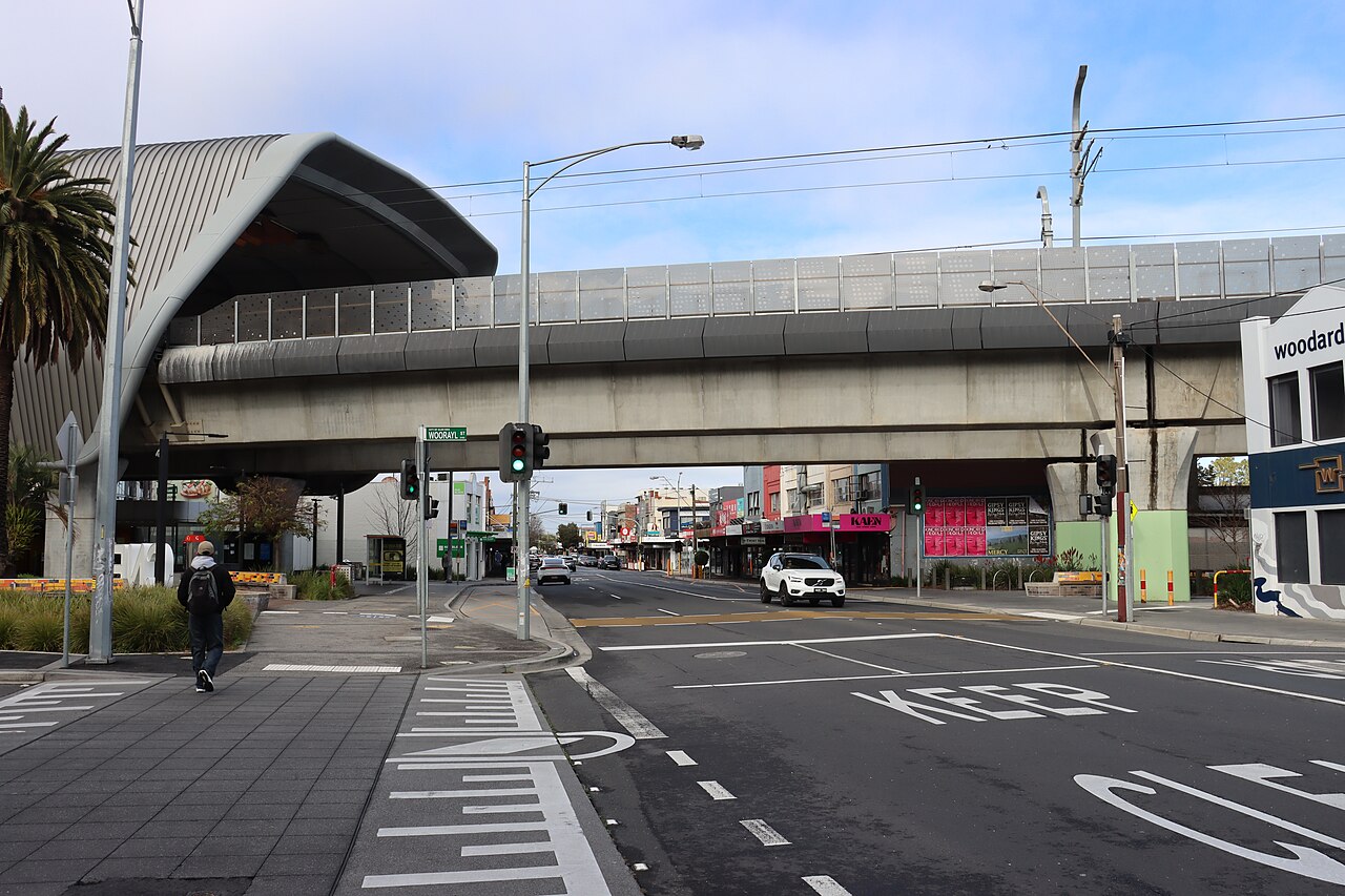 The skyrail viaduct crossing Koornang Road with the Carnegie shopping strip beyond