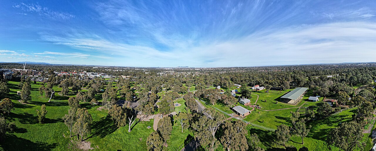 Aerial panorama of Bundoora parkland and bush