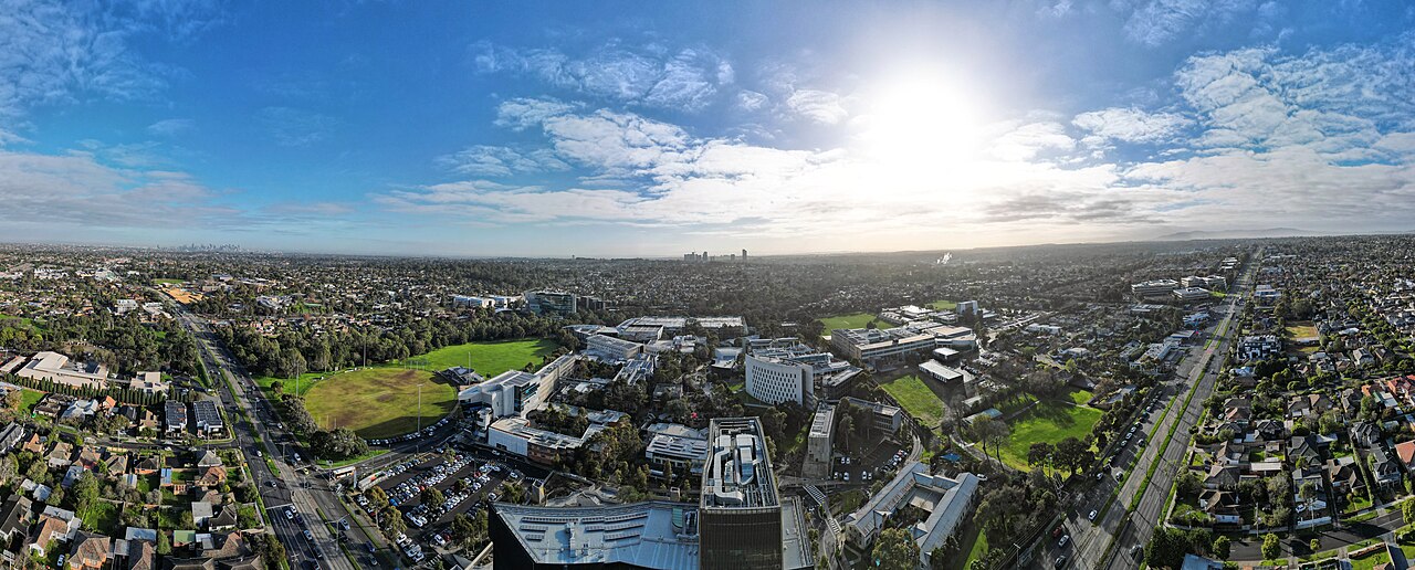 Aerial panorama of Deakin University campus and suburbs