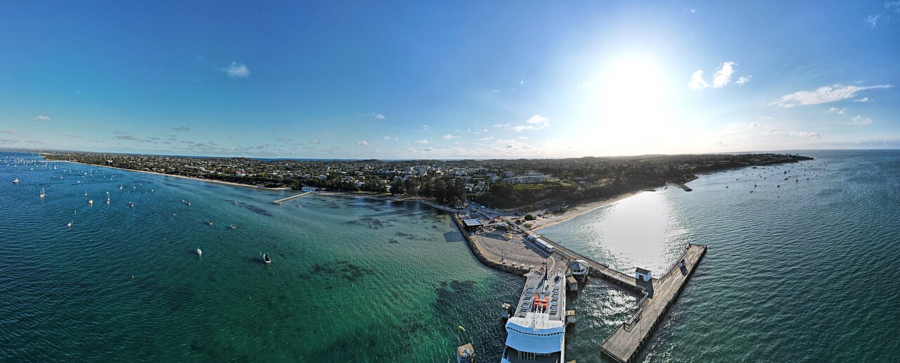 Aerial panorama of Sorrento with its pier and clear bay water