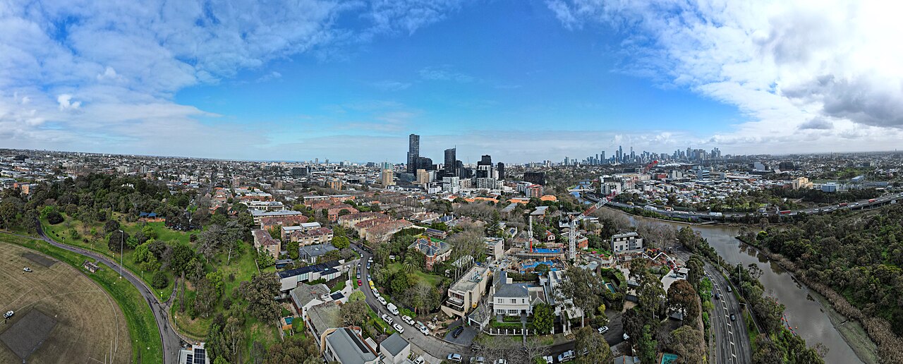 Aerial panorama of South Yarra toward the city