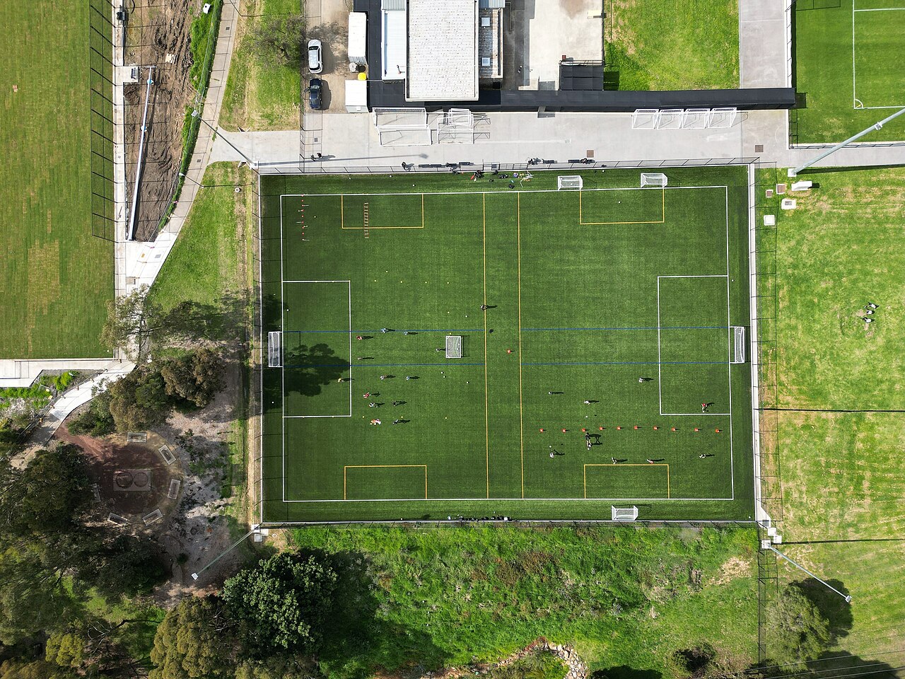 Top-down aerial view of the Heidelberg United soccer pitch