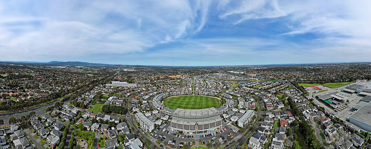 Aerial view of Waverley Park oval surrounded by housing