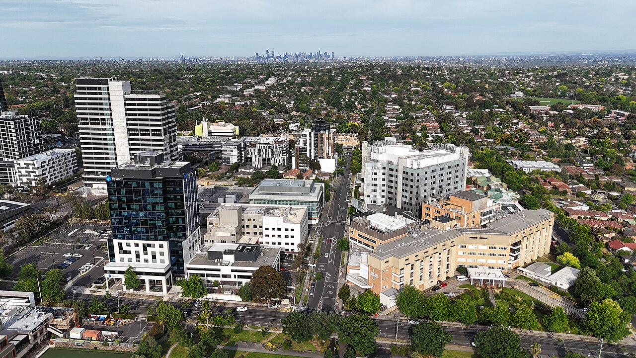Aerial view of Box Hill Hospital and surrounding suburbs