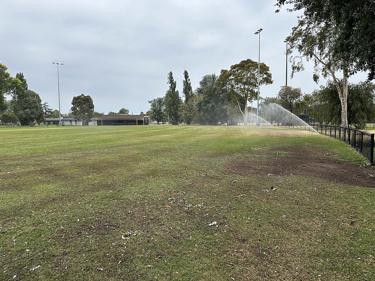 AT Aaneson Oval with a sprinkler running