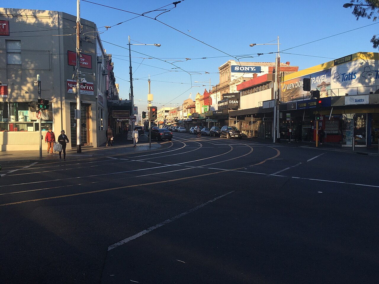 Corner of Droop Street with tram tracks