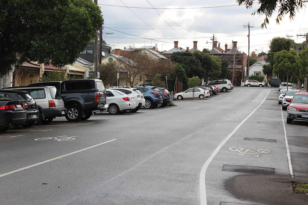 Bicycle lane markings on a tree-lined street with parked cars