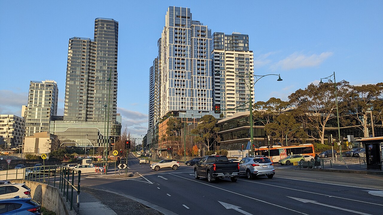 Box Hill CBD towers looking east along the road