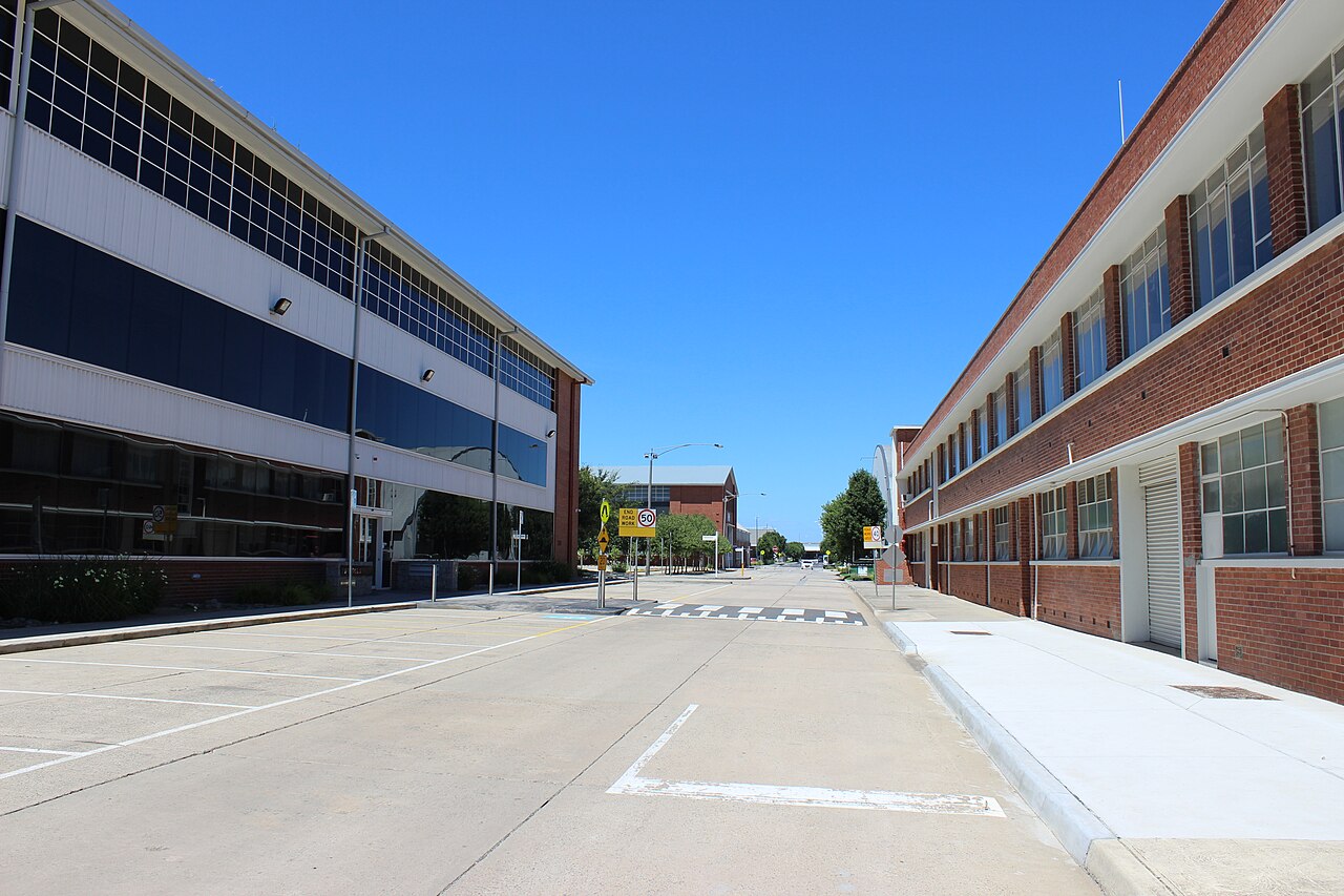 Bristol Street at Essendon Airport lined with brick buildings