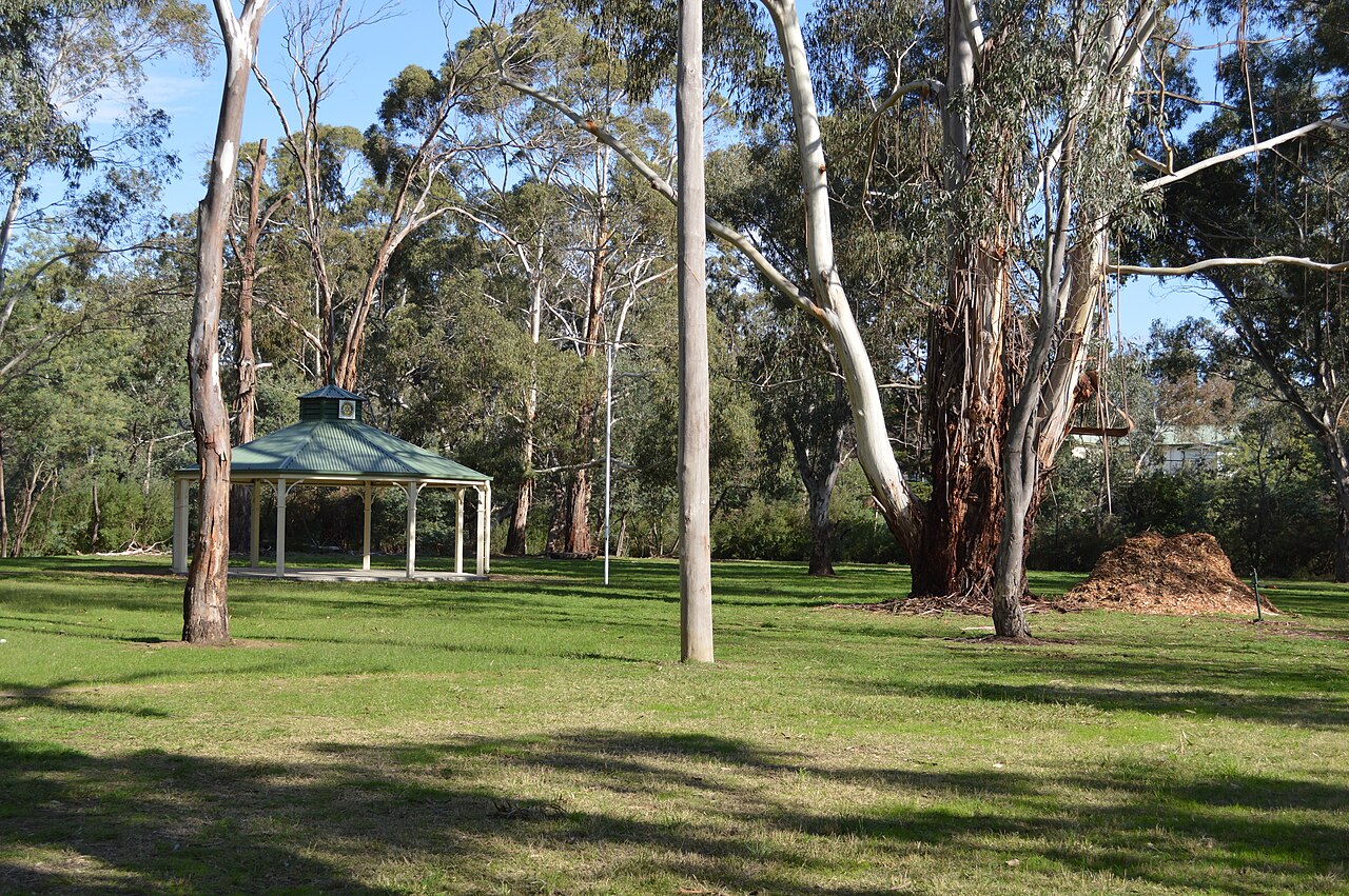 Broadford Rotary Park with rotunda and gum trees