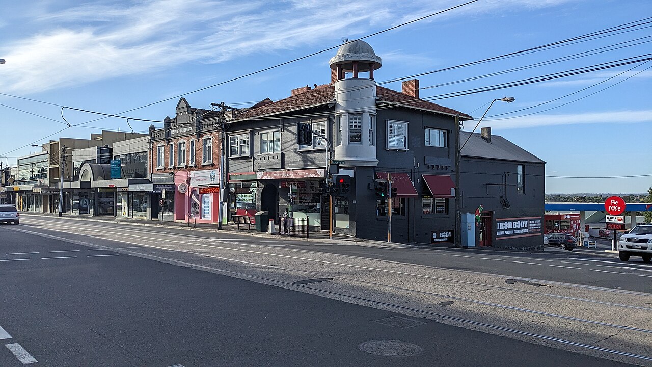 Shops on the north-west corner of an intersection