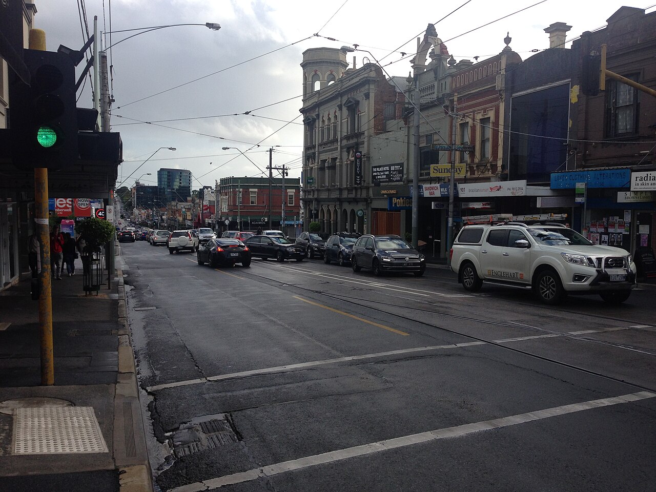 Burke Road near the top of the hill with Victorian shopfronts