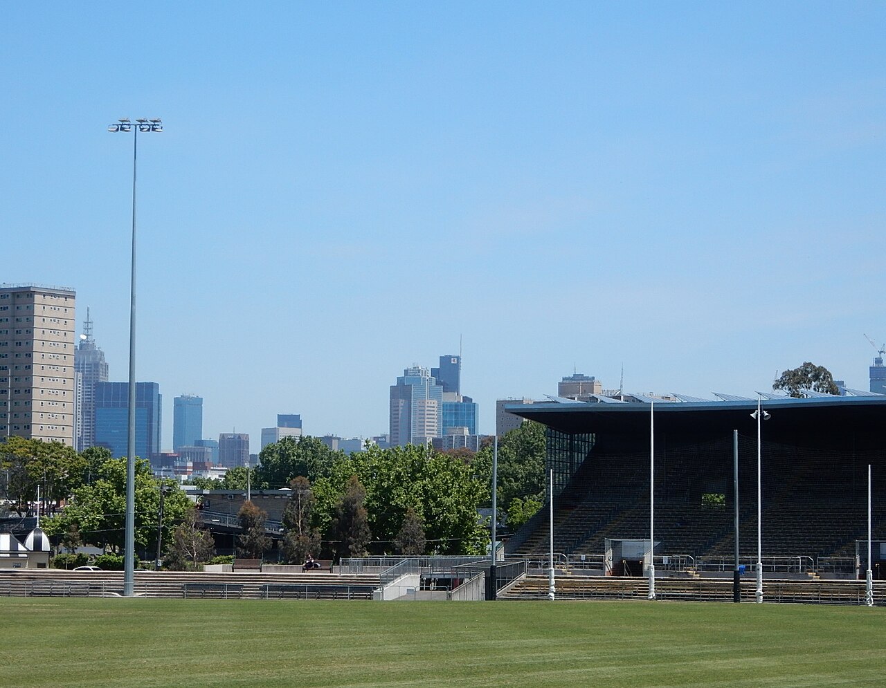 Melbourne city skyline seen beyond the Victoria Park grandstand
