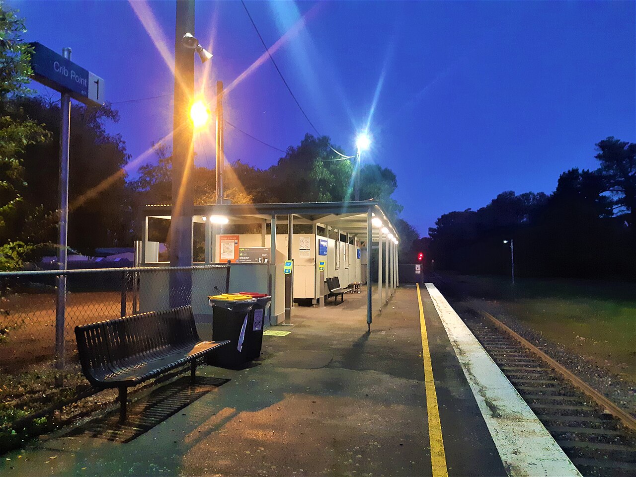 Crib Point Station platform at dusk
