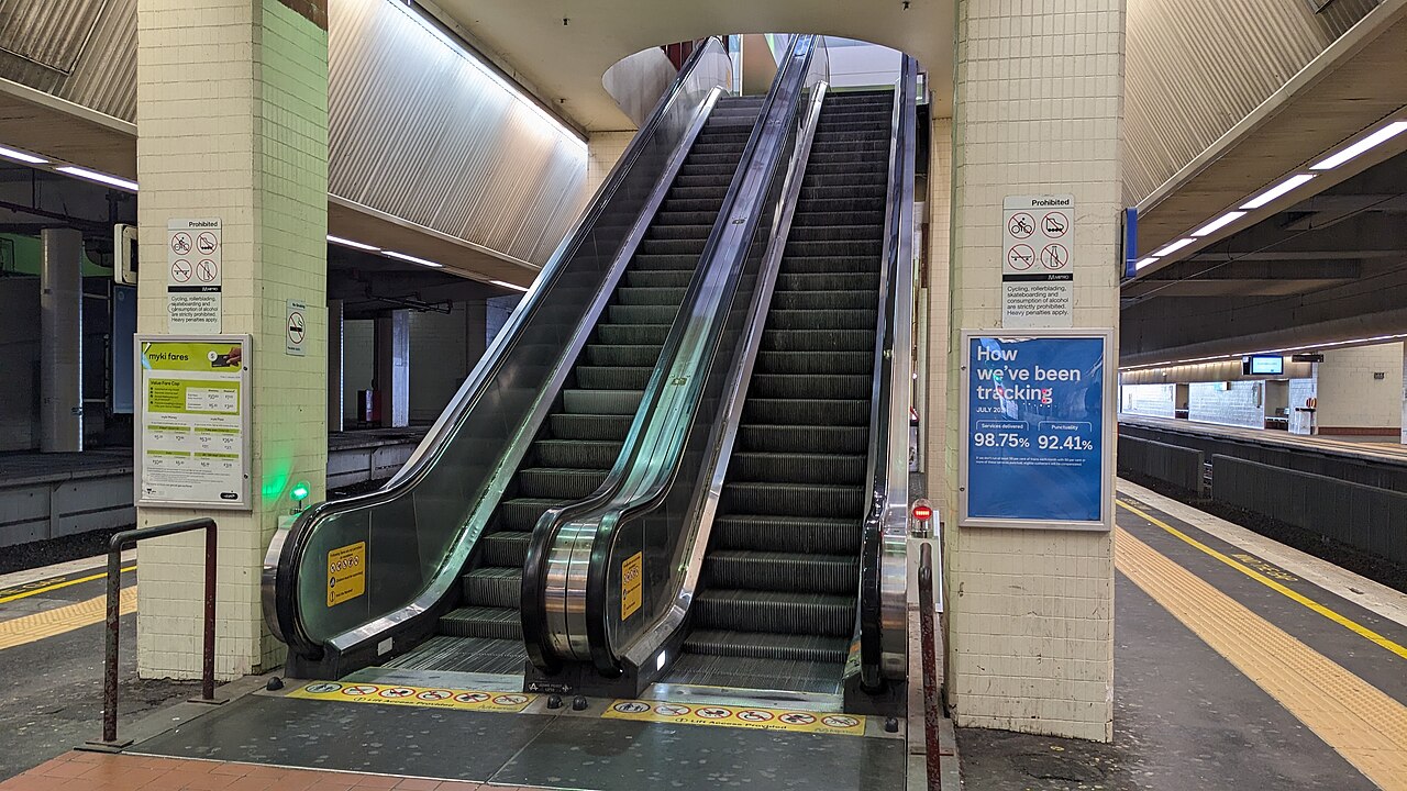 Escalators from the platforms to the concourse at Box Hill station