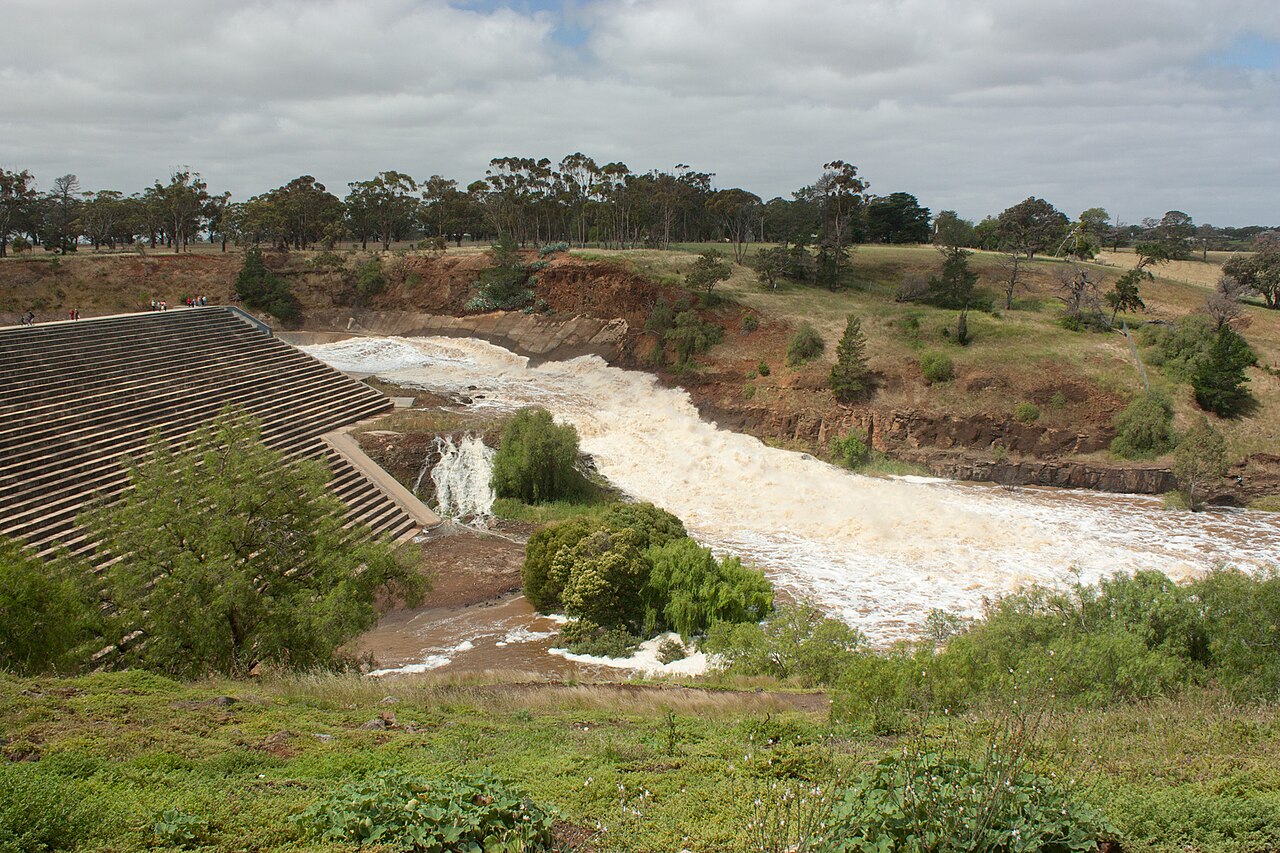 Floodwaters rushing down the Werribee River