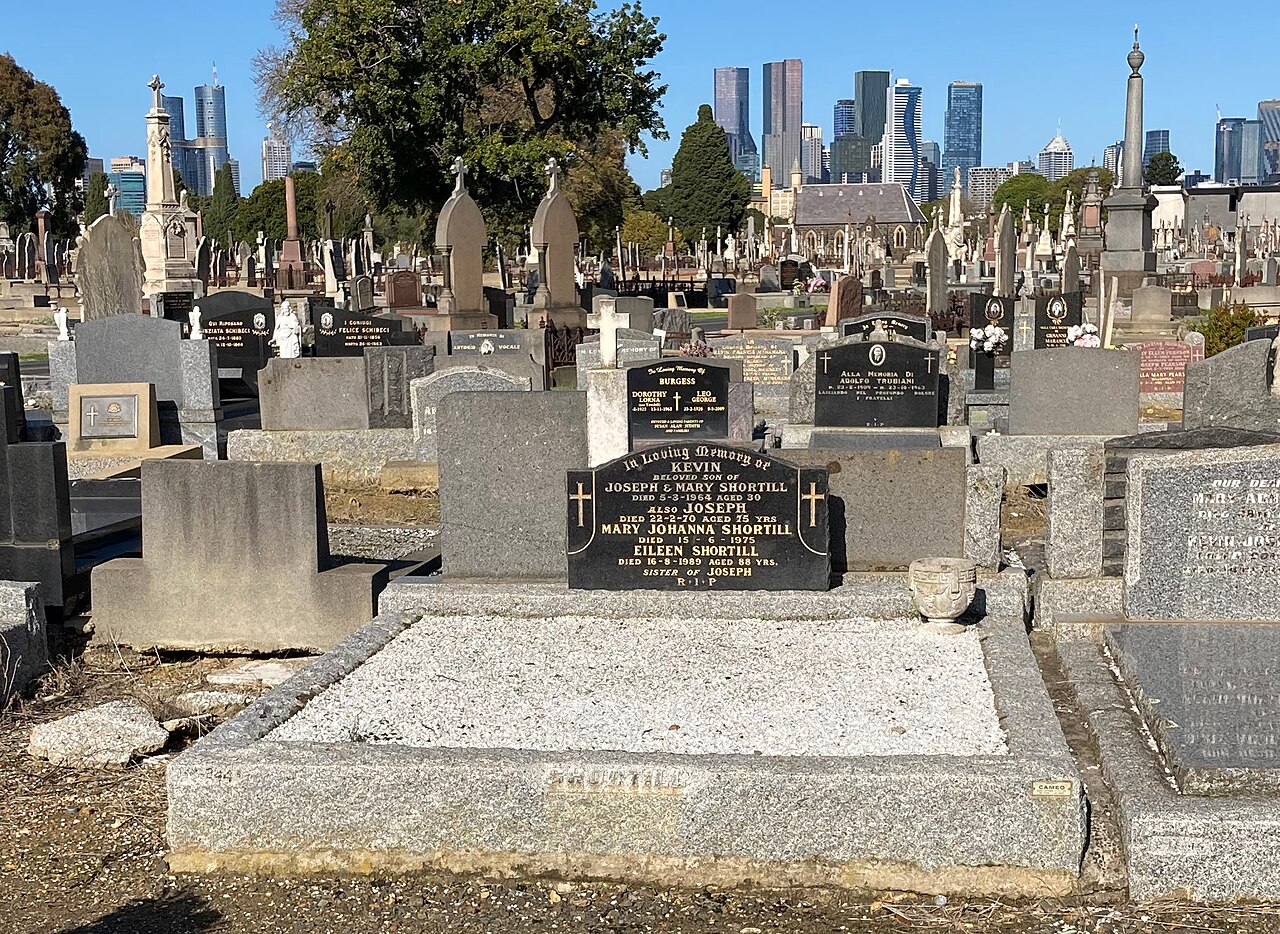 Headstones in a historic cemetery with the city skyline behind