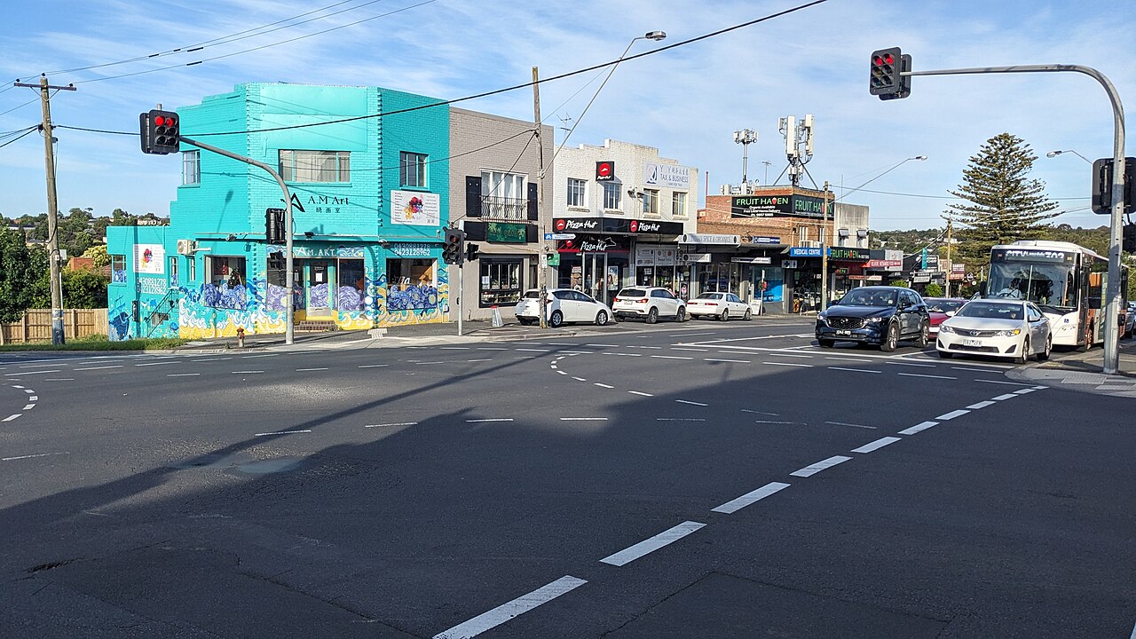 Intersection of Balwyn Road and Belmore Road with shops