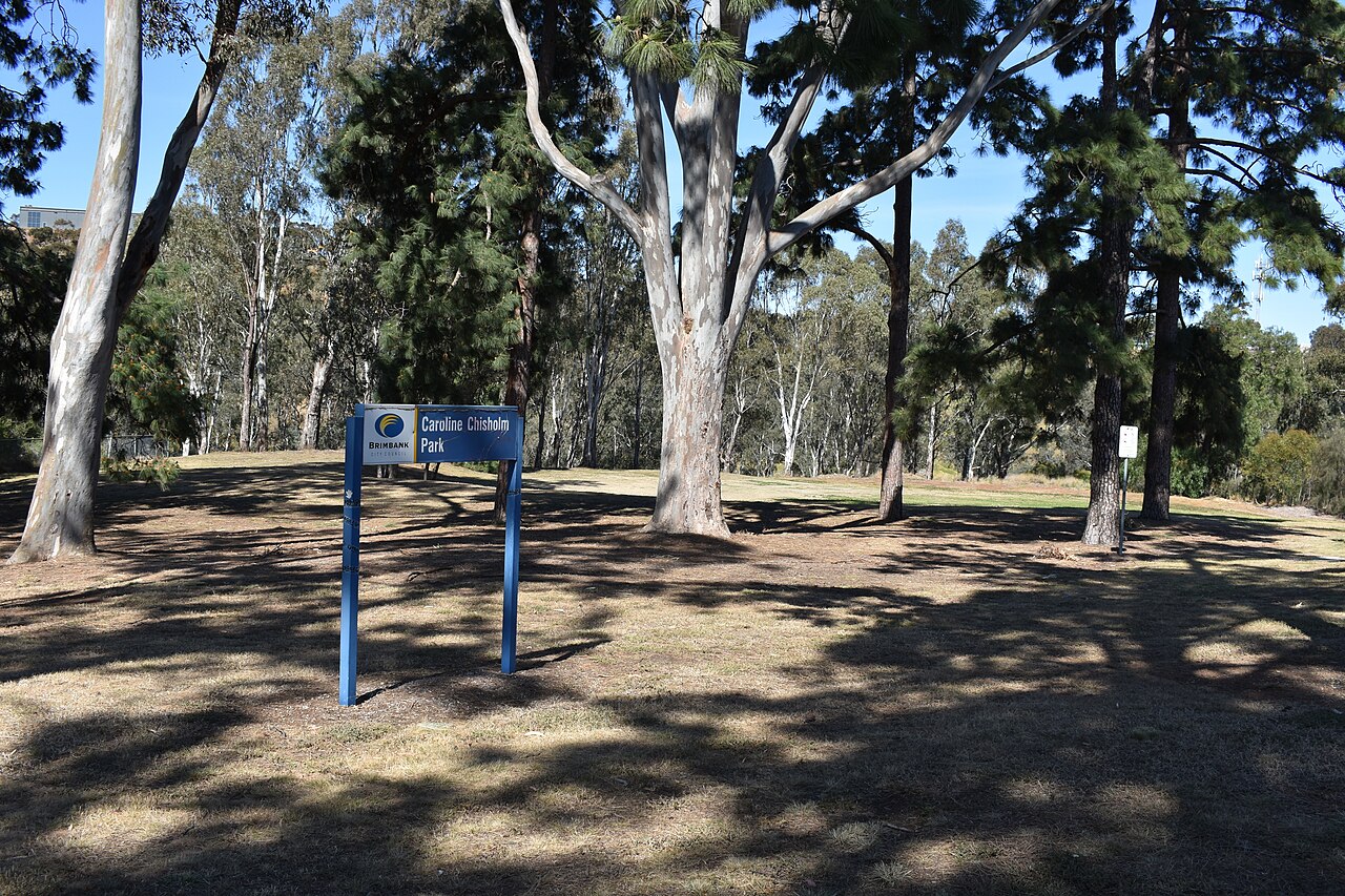 Shady trees and lawn in Caroline Chisholm Park, Keilor