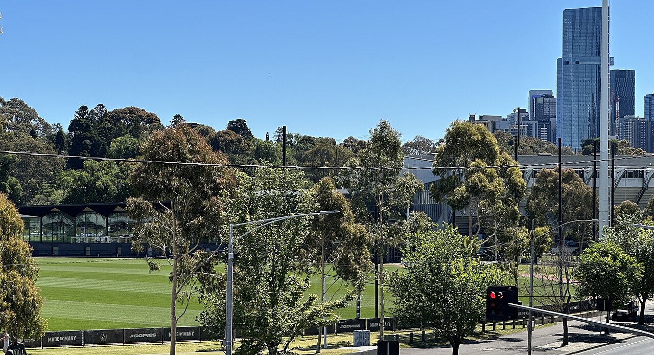Sports ground with city towers behind at the KGM Centre