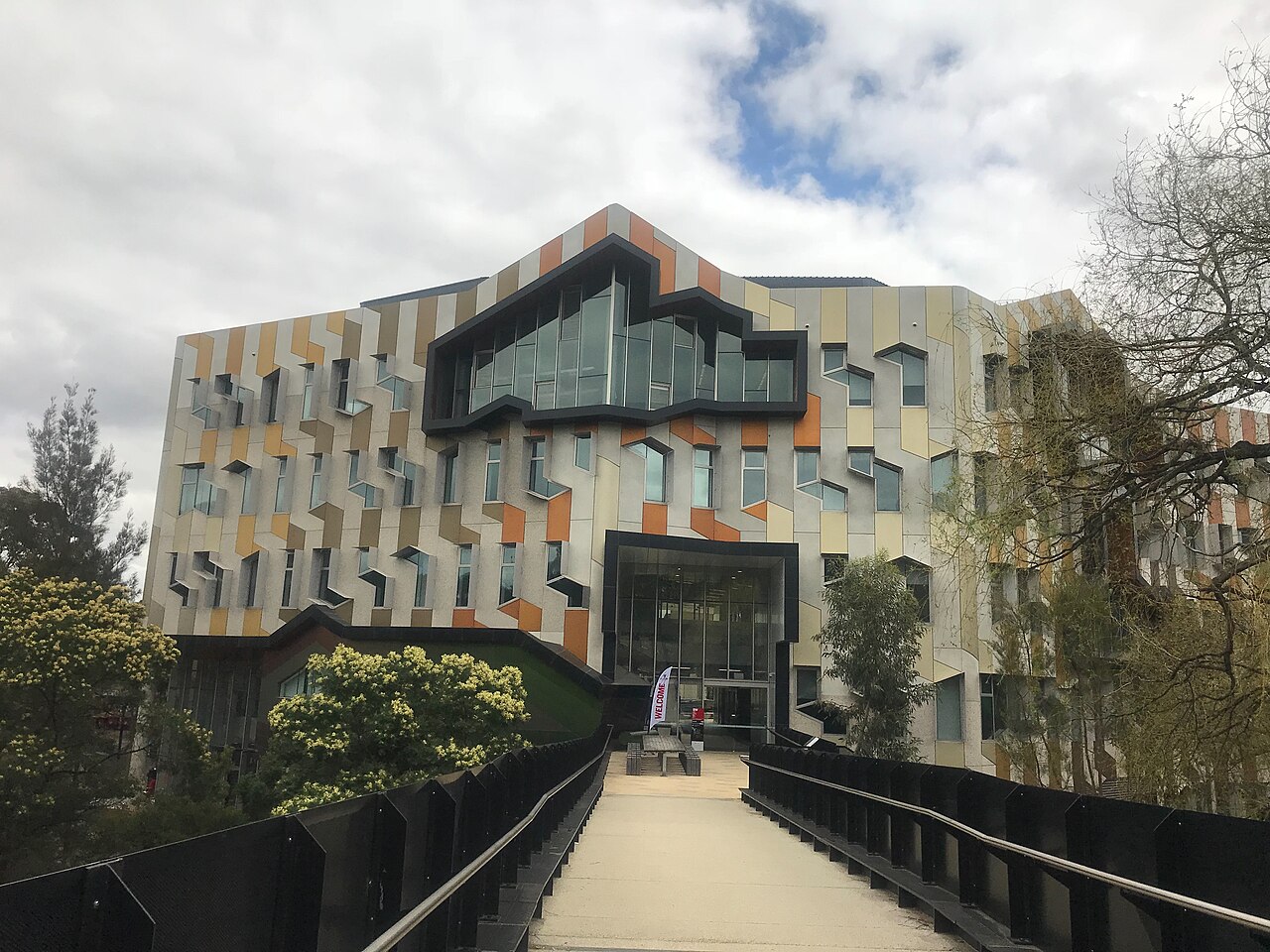 Modern faceted building on La Trobe University's Melbourne campus