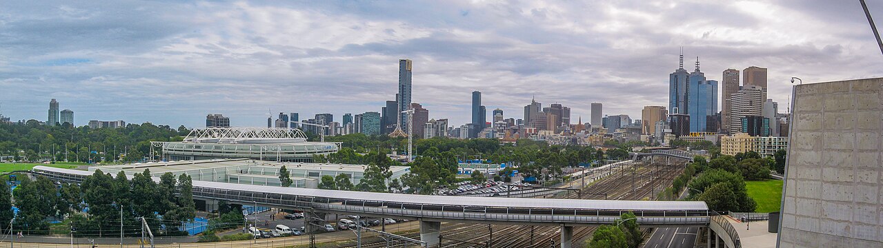 Melbourne city skyline beyond a freeway