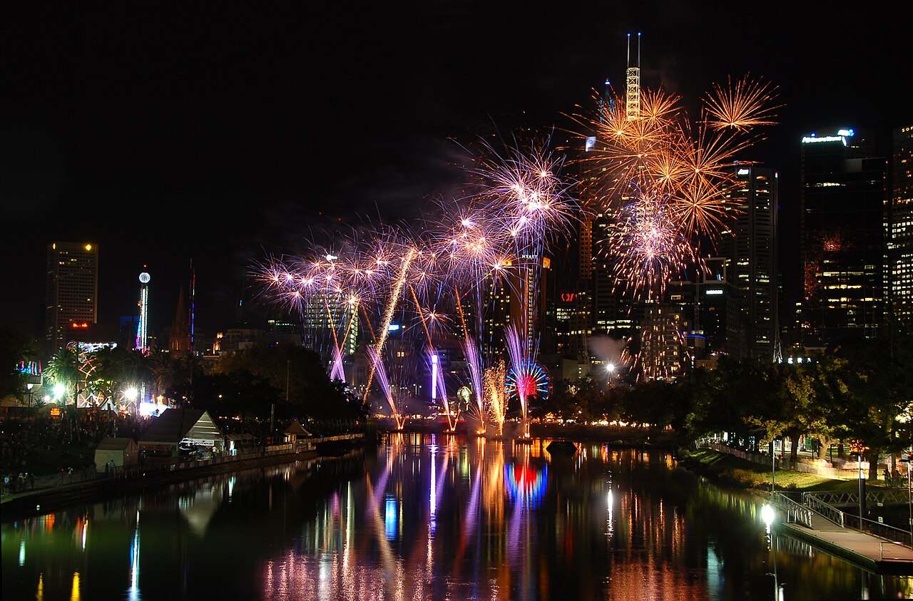 Moomba fireworks reflected in the river at night