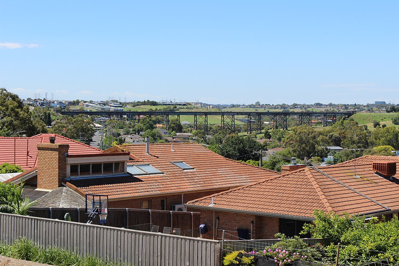 Moonee Ponds Creek Viaduct above suburban rooftops