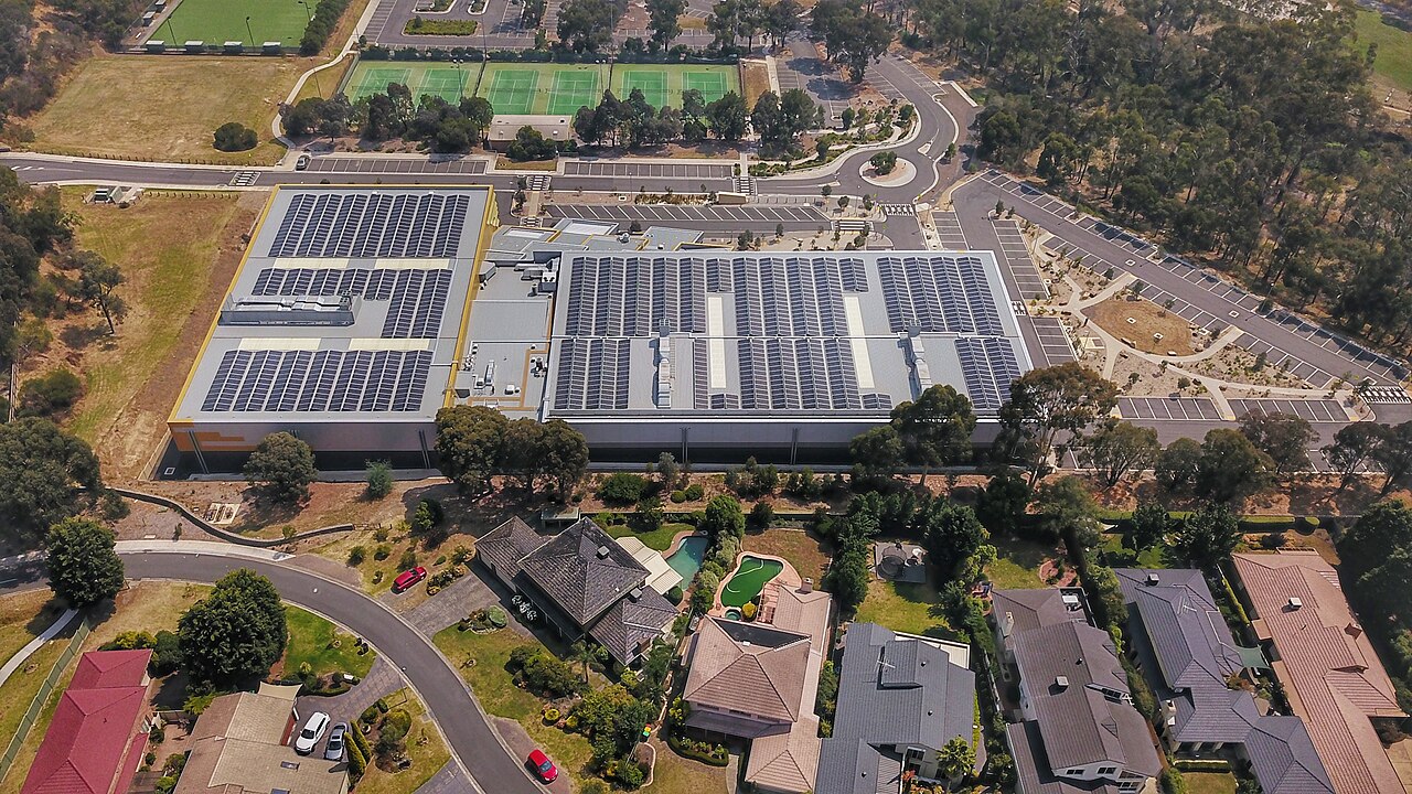 Aerial view of Mullum Mullum Stadium with solar panels on the roof
