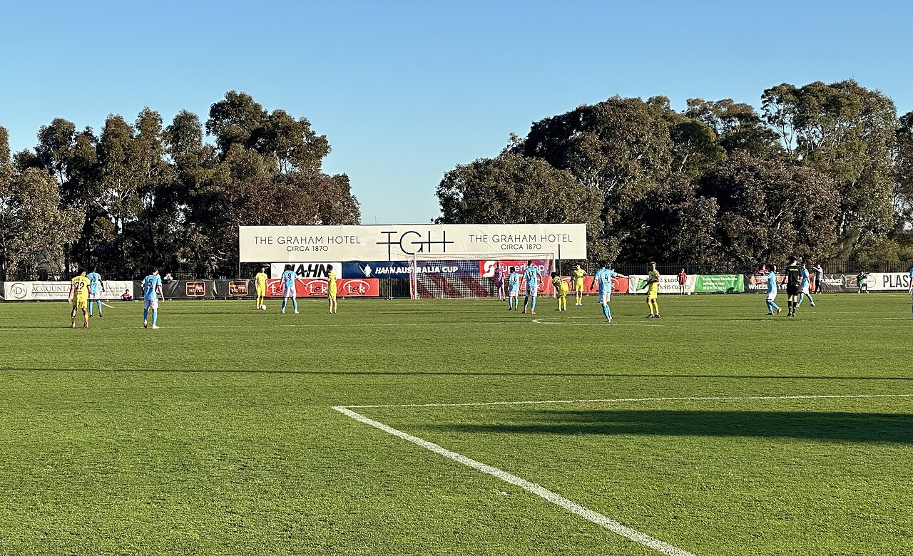 Soccer match on a grass sports ground lined with trees