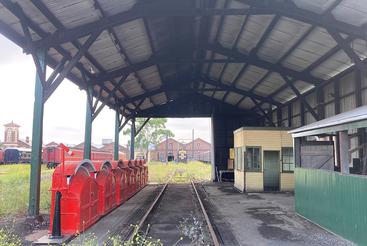 Heritage weighbridge shed over rail tracks at Newport