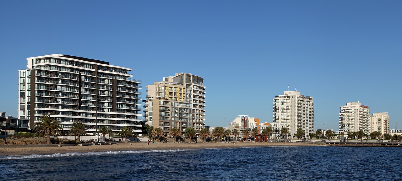 Apartment towers along the water at Beacon Cove, Port Melbourne