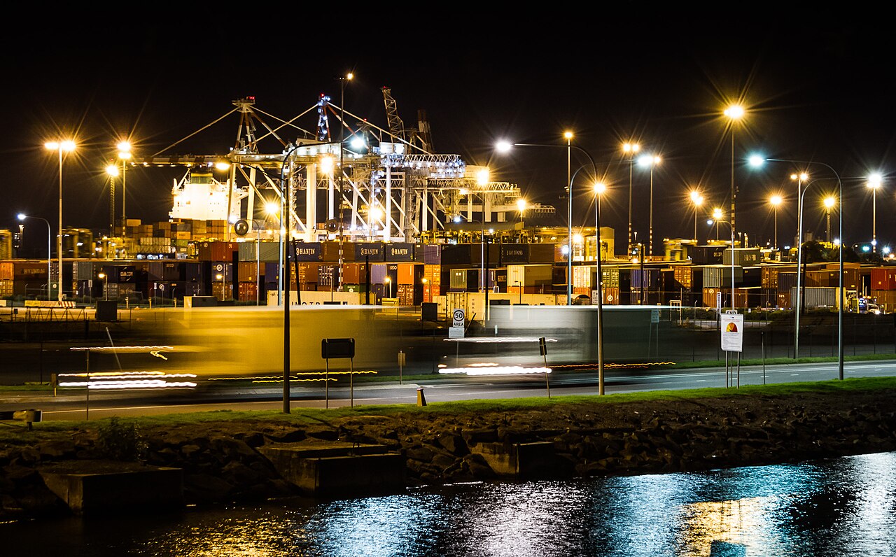 Port of Melbourne lit up at night, seen from Footscray