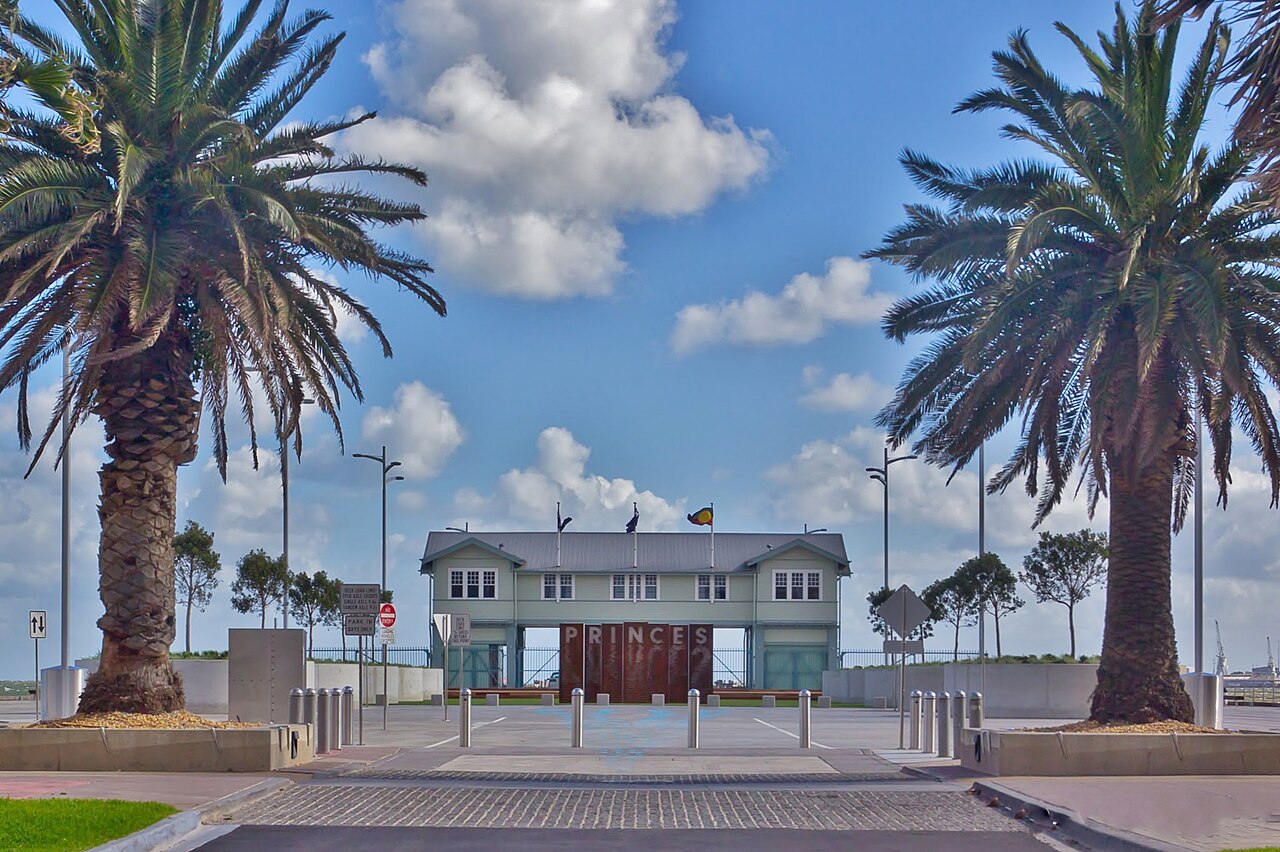 Princes Pier entrance framed by palm trees