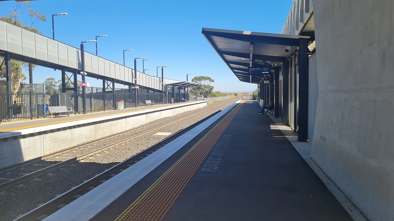 Platform at Rockbank station under a clear sky