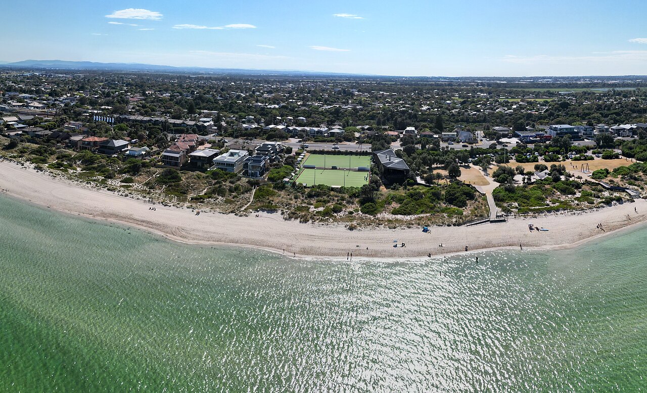 Aerial view of Seaford's Keast Park alongside the coast