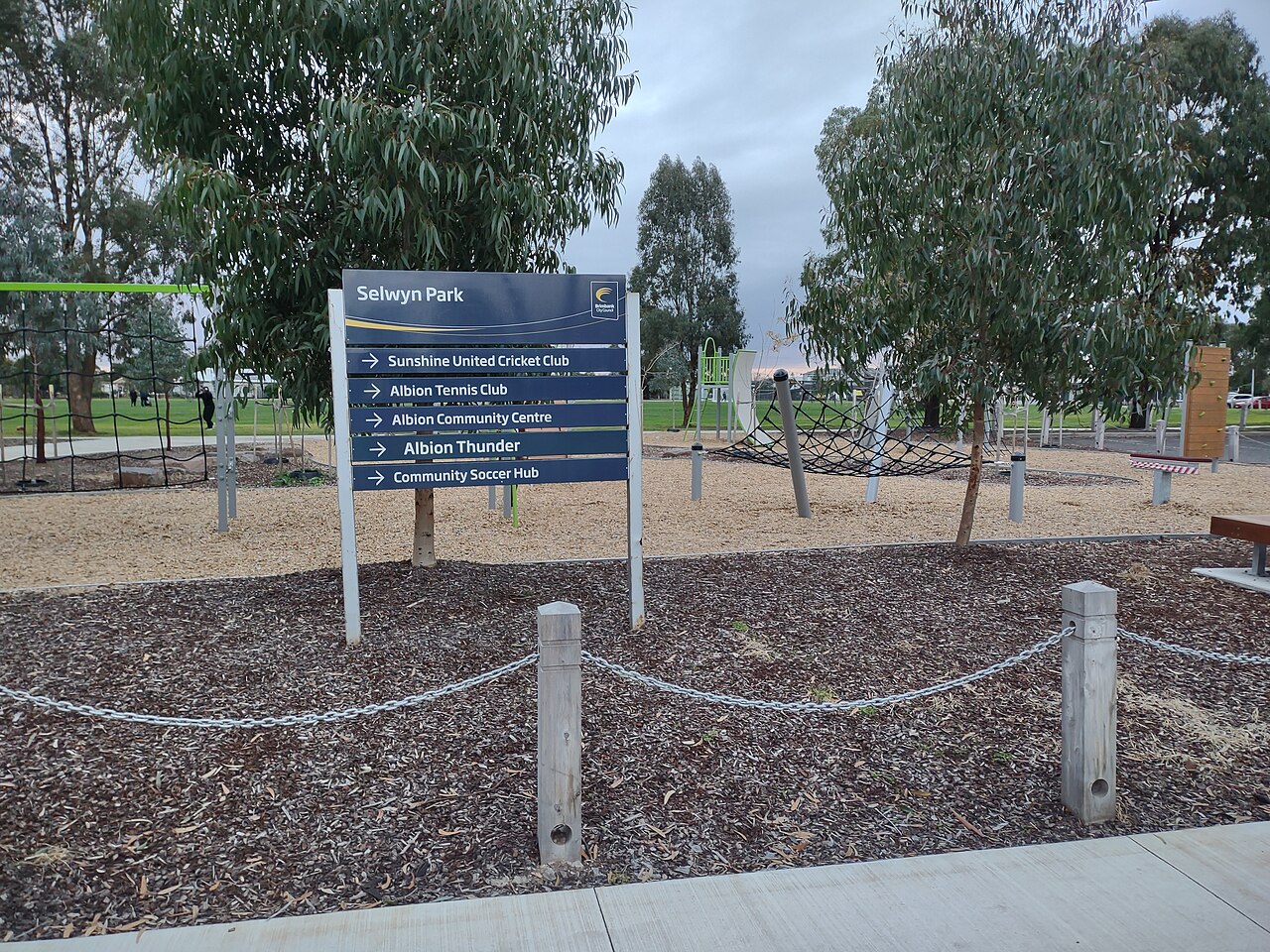 Selwyn Park Ninja Playground with park sign and gum trees