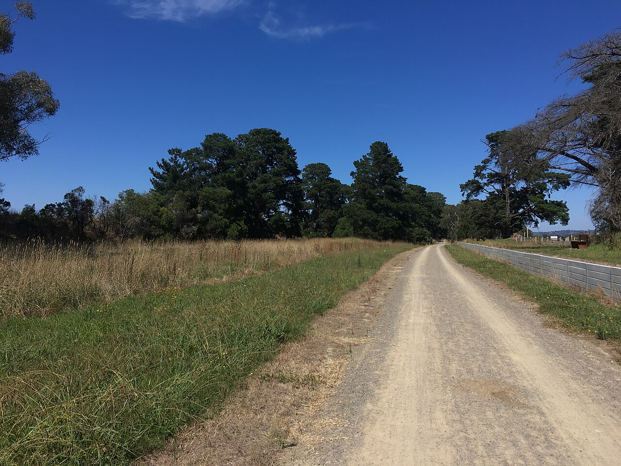Gravel trail through grassland at the site of former Coldstream station