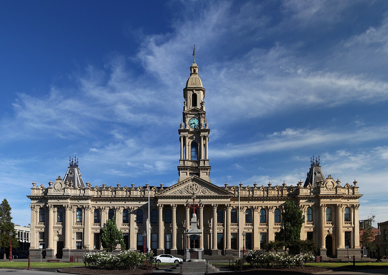 South Melbourne Town Hall clock tower under blue sky