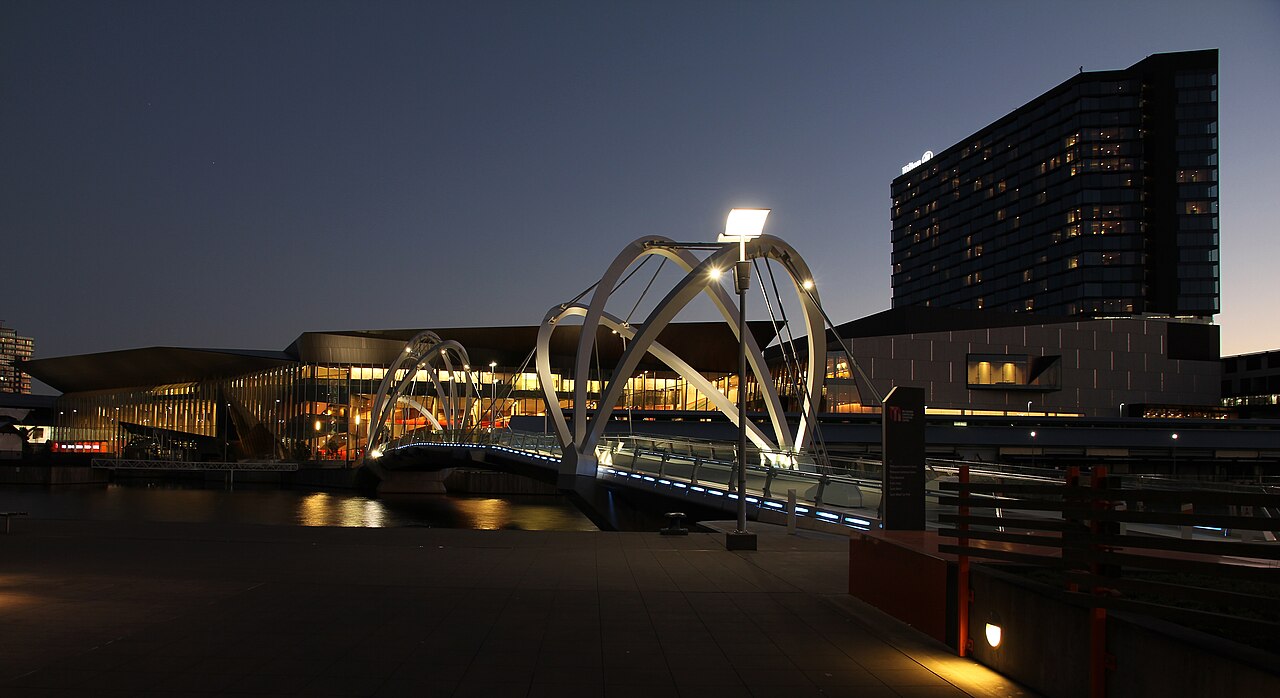 South Wharf and Melbourne Convention Centre lit up at dusk