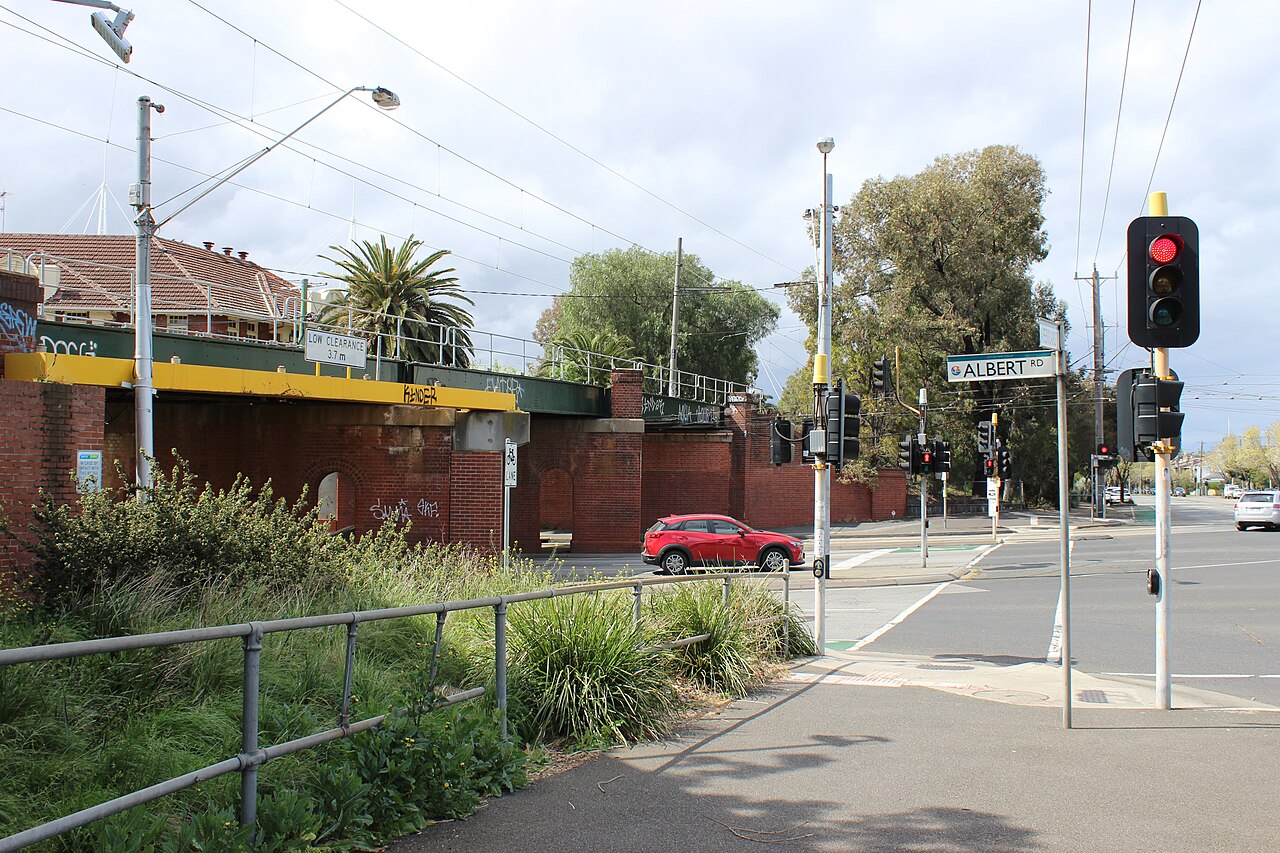 St Kilda light rail bridge at a street corner