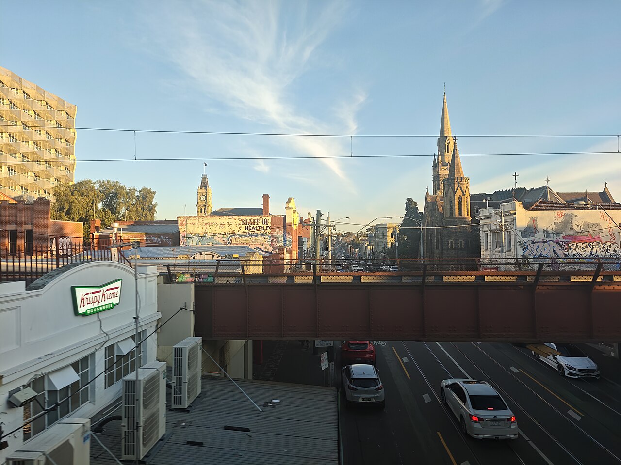 Sunset over Glenferrie with a church spire on the skyline