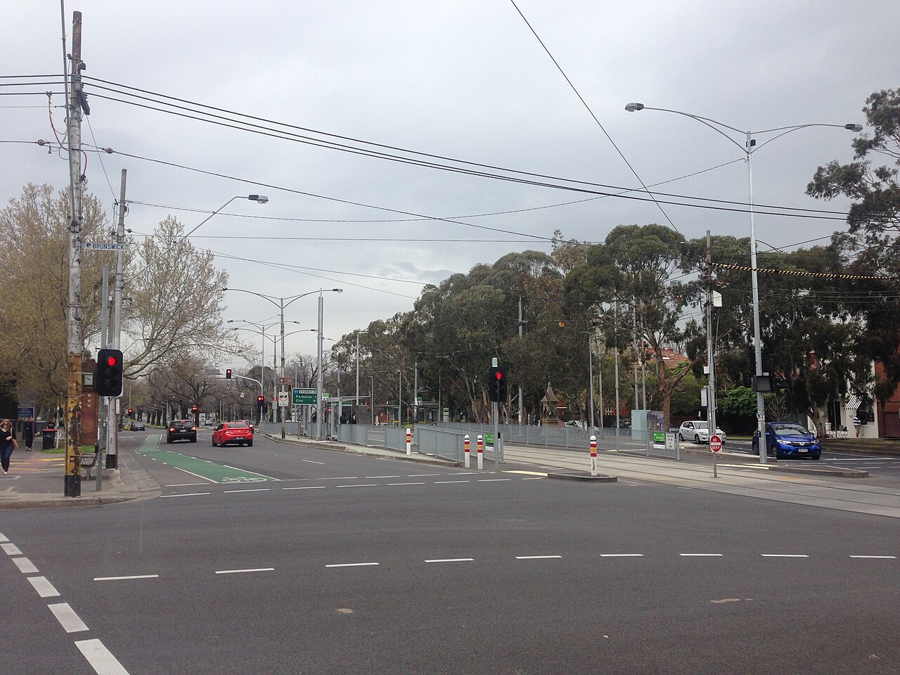 Tram stop at a corner of Sydney Road