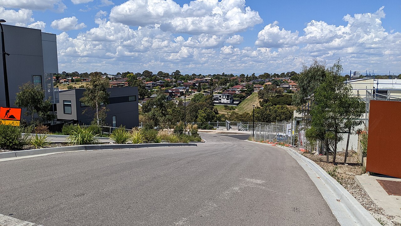 Street view looking east from a new residential estate