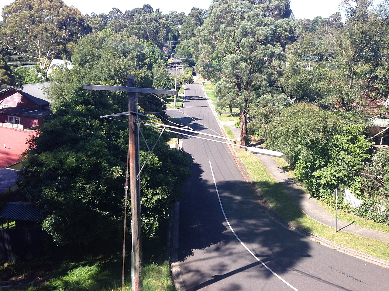 View over Tecoma from a passing Belgrave line train, showing a leafy road